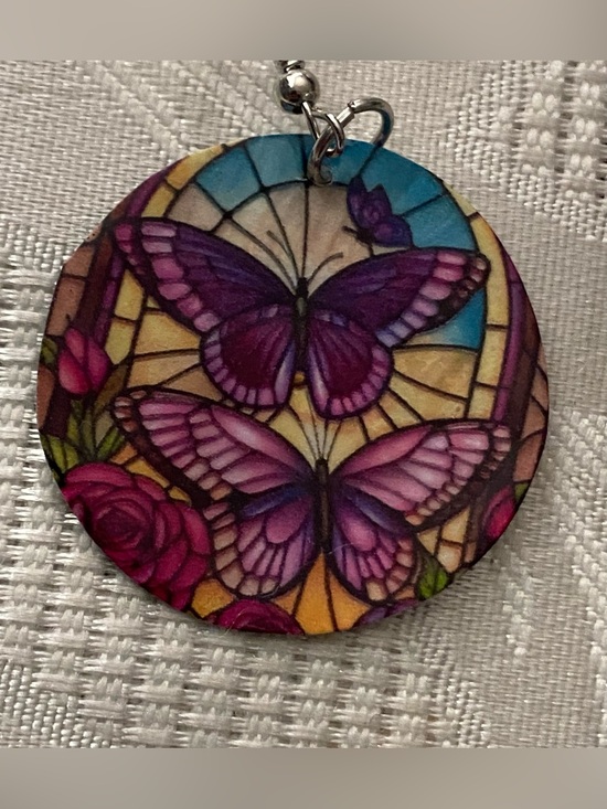 Hand Crafted Jewelry - Dangle Earrings Butterfly On Stained Glass 1.25” Round Handmade Witchy Goth New